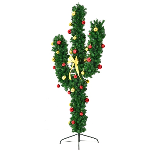 Costway 6Ft Pre-Lit Cactus Artificial Christmas Tree w/LED Lights and Ball Ornaments