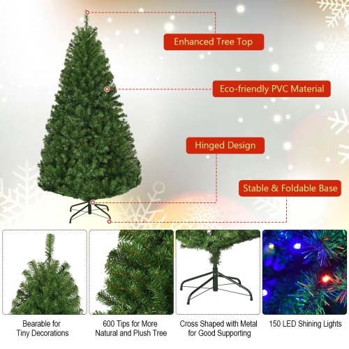 Costway 5Ft Pre-Lit Artificial Christmas Tree Premium Hinged w/ 150 LED Lights & Stand