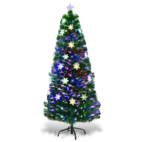 COSTWAY  6Ft Pre-Lit Fiber Optic Artificial Christmas Tree W/multicolor Lights Snowflakes