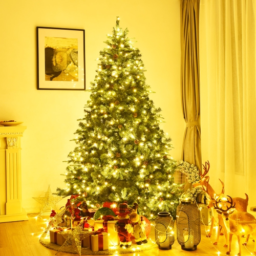 COSTWAY  7Ft Pre-Lit Artificial Christmas Tree Hinged With 460 Led Lights & Pine Cones