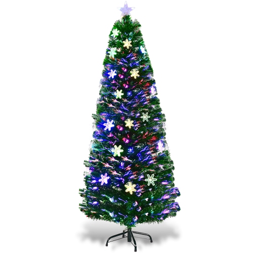 COSTWAY  6' Pre-Lit Fiber Optic Artificial Christmas Tree W/ Lights Snowflakes