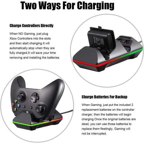 Chargeur de manette pour Xbox One, station de recharge double Xbox One/One S/One Elite et 2 batteries rechargeables pour deux manettes sans fil