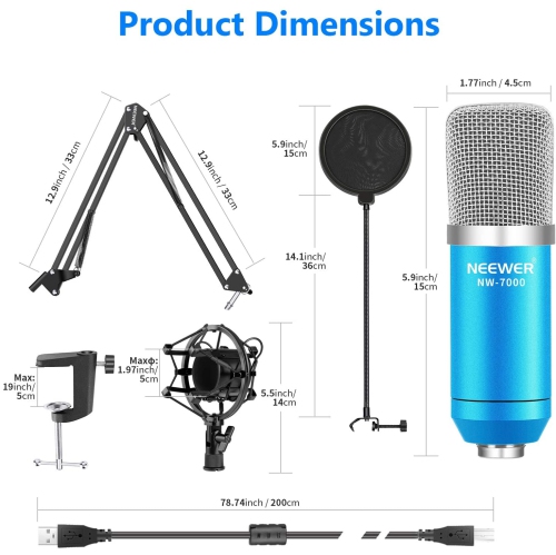 navor USB Microphone for Windows and Mac with Suspension Scissor Arm Stand, Shock Mount, Pop Filter, USB Cable and Table Mounting Clamp Kit for