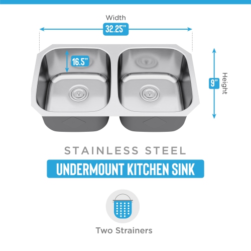 Blue Ocean 32 1/4" 16 Gauge Stainless Steel Undermount Kitchen Sink with FREE Strainer