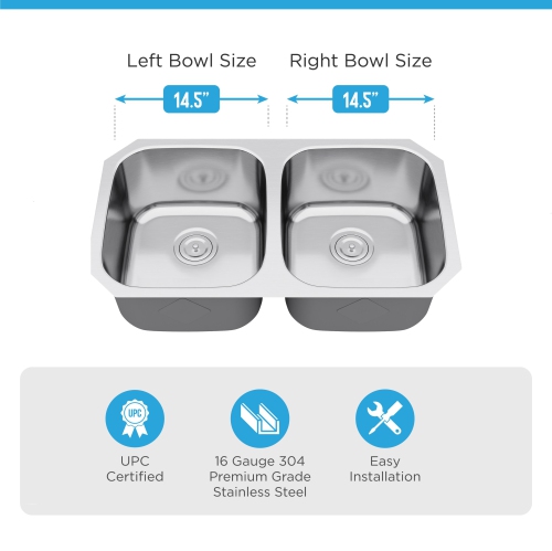 Blue Ocean 32 1/4" 16 Gauge Stainless Steel Undermount Kitchen Sink with FREE Strainer