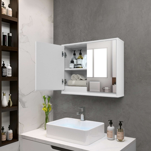 Costway Wall Mounted Bathroom Storage Cabinet Organizer Shelf W/Double Mirror Door White