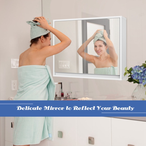 Costway Wall Mounted Bathroom Storage Cabinet Organizer Shelf W/Double Mirror Door White