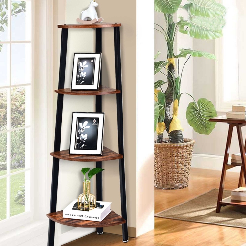 Costway 4-Tier Corner Shelf Metal Storage Rack Domestic Bookcase Display Stand Wood
