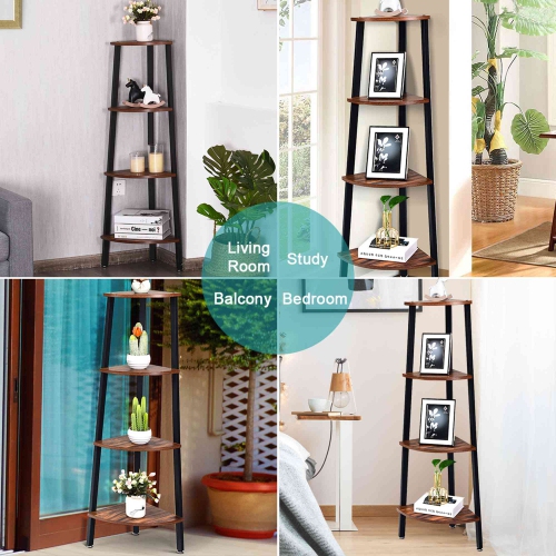 Costway 4-Tier Corner Shelf Metal Storage Rack Domestic Bookcase Display Stand Wood