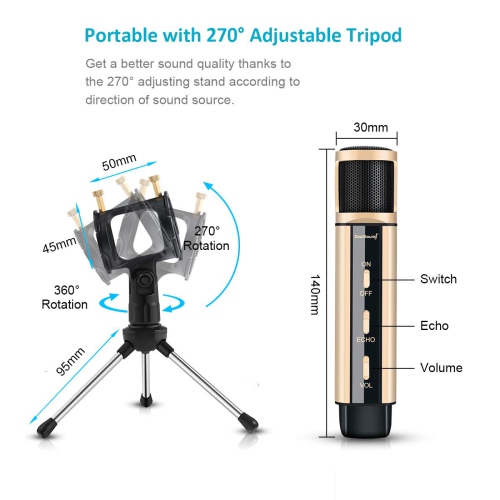 Studio Recording Microphone, Condenser Broadcast Microphone w/Stand Built-in Sound Card