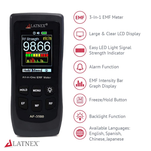 LATNEX AF-3500 EMF Meter RF Detector and Reader with Calibration Certificate - Measures RF, Microwaves, 3-Axis Magnetic Fields, & ELF