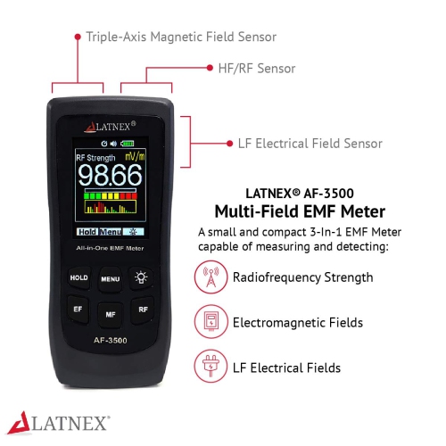 LATNEX AF-3500 EMF Meter RF Detector and Reader with Calibration Certificate - Measures RF, Microwaves, 3-Axis Magnetic Fields, & ELF
