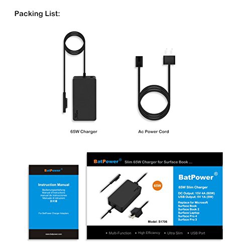 Batpower 15V 4A 65W Charger for Surface Book Surface Laptop Surface Pro 6 5 4 3 Surface Laptop Go Tablet Microsoft 1706