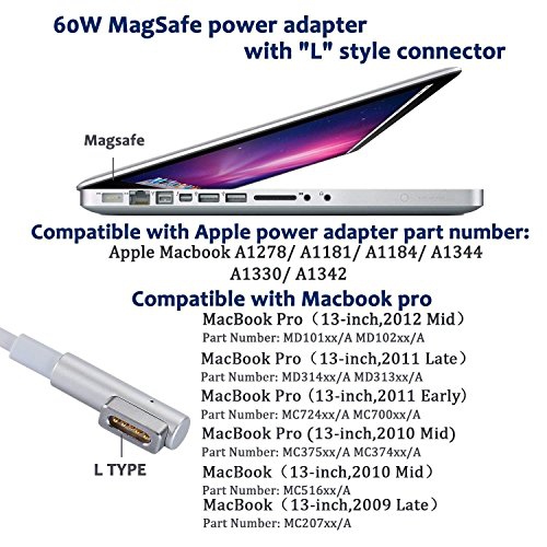 BAT POW Compatible for MacBook Pro Charger Apple A1278 A1172 A1181 A1184 A1244 A1330 A1342, Compatible for 60W Magsafe