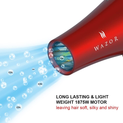 Lightweight Hair Dryer 1875W Professional Negative Ionic Blow Dryer Ceramic Powerful Hair Blow Dryer with Concentrator, Low Nosie, Candy Red