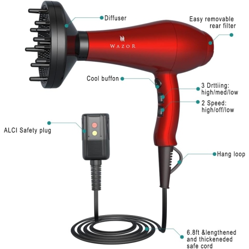 Lightweight Hair Dryer 1875W Professional Negative Ionic Blow Dryer Ceramic Powerful Hair Blow Dryer with Concentrator, Low Nosie, Candy Red
