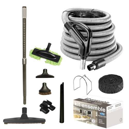 Central Vacuum Accessory Kit - Silver Hose - Telescopic Wand With Deluxe  Tool Set - On/Off Button (35 feet) WITH BONUS Tools