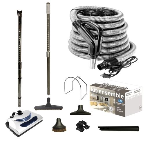 WITH BONUS Tools Telescopic Wand With Deluxe Tool Set 30 feet Electric Power Nozzle Central Vacuum Accessory Kit Handle with 3 Way Button Silver Hose