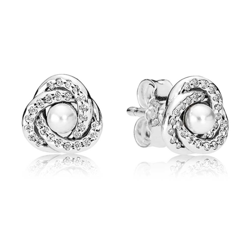 Luminous Love Knots Stud Earrings, White Crystal Pearl & Clear CZ