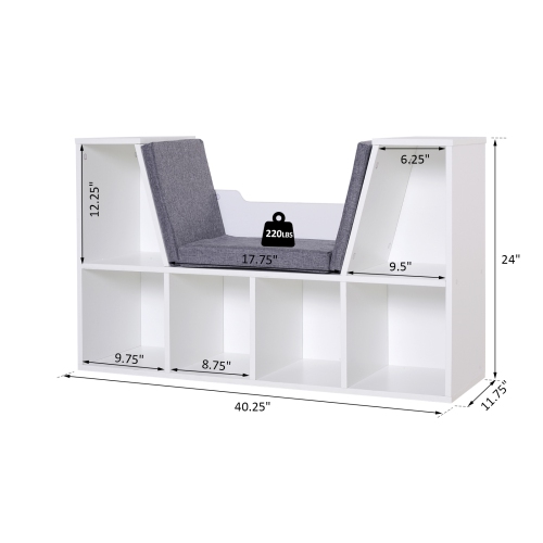 HOMCOM 6-Cubby Bookcase with Seat Cushion, Cube Storage Shelf Bookshelf with Reading Nook for Home Office, Study, Grey