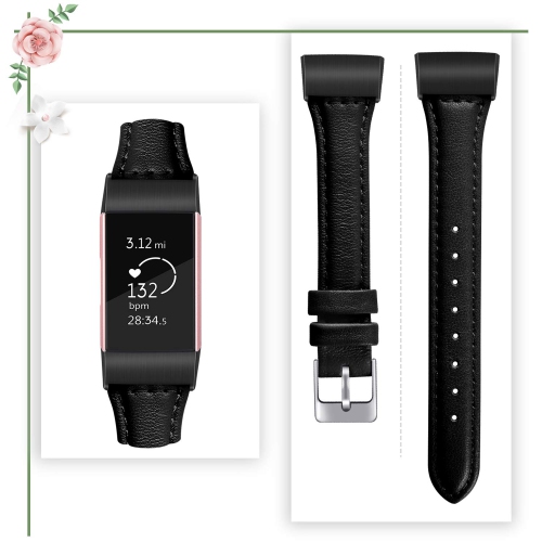 Fitbit Charge 3 Band, Classic Genuine Leather Wristband Replacement w/ Stainless Steel Connectors