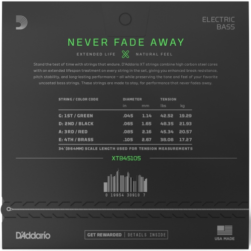 Cordes de guitare basse nickelées XT d'Addario - 45-105 longues