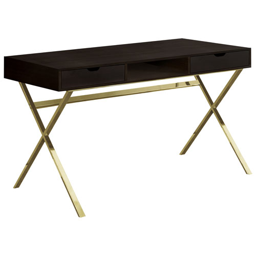 Monarch Computer Desk with Drawers & Shelf - Cappuccino/Gold