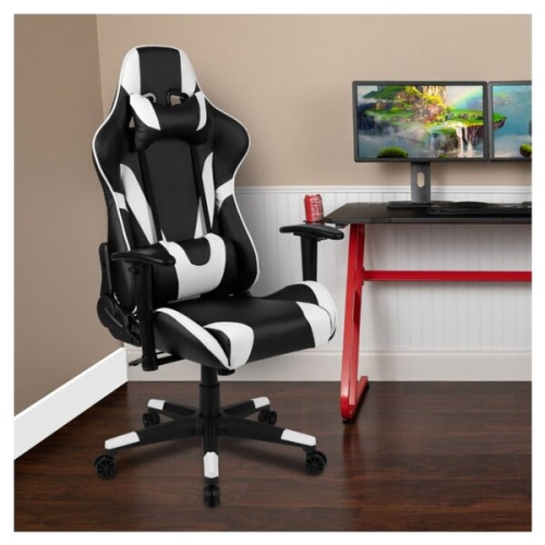 Nicer Furniture Ergonomic Racing Gaming Chair with Head Cushions and Adjustable Armrest White