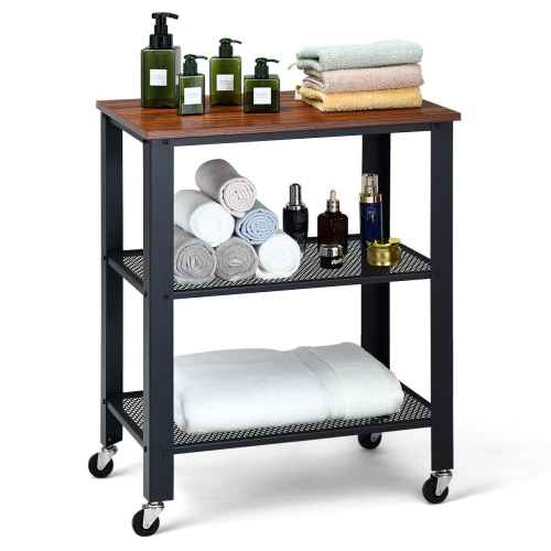 Gymax Industrial Serving Cart 3-Tier Kitchen Utility Cart on Wheels w/Storage Black