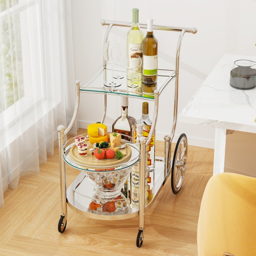 Gymax Bar Cart 3-Tier Home Bar Serving Cart on Wheels w/ Mirrored Shelves