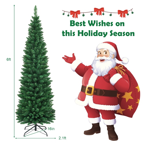 Gymax 6' PVC Artificial Christmas Tree Holiday Decor Slim Pencil Tree Metal Stand