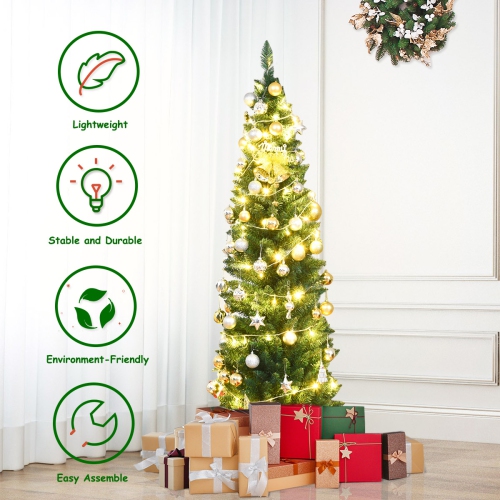 Costway 6Ft PVC Artificial Pencil Christmas Tree Slim w/ Stand Home Holiday Decor Green