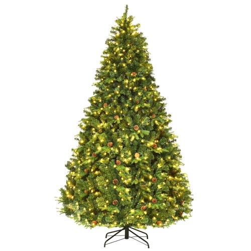 Costway 8Ft Pre-Lit Artificial Christmas Tree Hinged with 600 LED Lights & Pine Cones