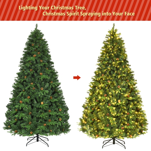 Costway 8Ft Pre-Lit Artificial Christmas Tree Hinged with 600 LED Lights & Pine Cones
