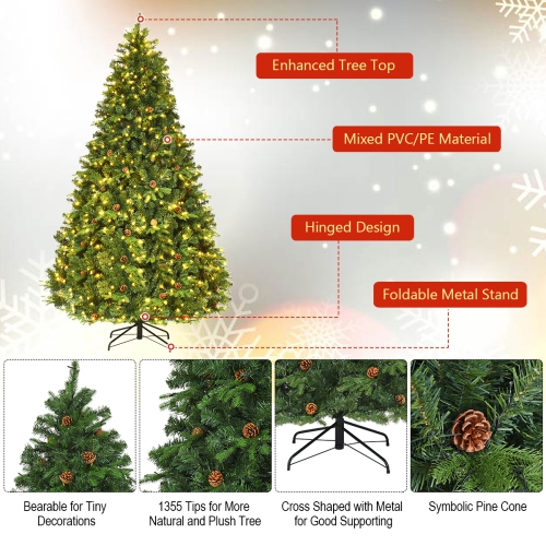 Costway 8Ft Pre-Lit Artificial Christmas Tree Hinged with 600 LED Lights & Pine Cones