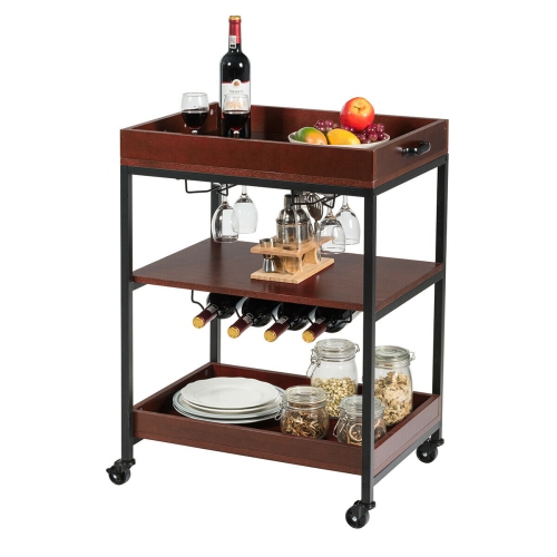 GYMAX  3 Tier Trolley Cart Kitchen Island Serving Bar Cart W/ Glass Holder & Wine Rack
