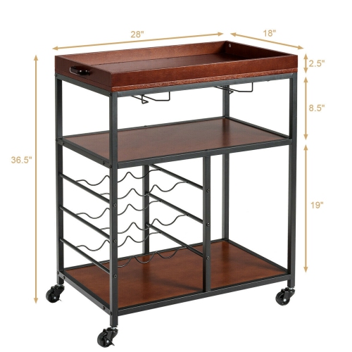 Gymax 3 Tier Storage Kitchen Trolley Utility Bar Serving Cart w/Wine Rack & Glass Holder