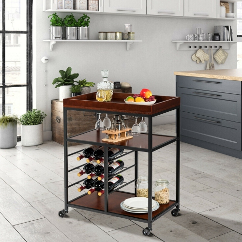 Gymax 3 Tier Storage Kitchen Trolley Utility Bar Serving Cart w/Wine Rack & Glass Holder