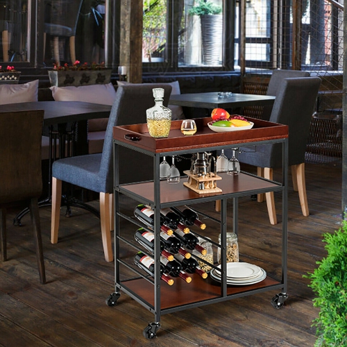 Gymax 3 Tier Storage Kitchen Trolley Utility Bar Serving Cart w/Wine Rack & Glass Holder