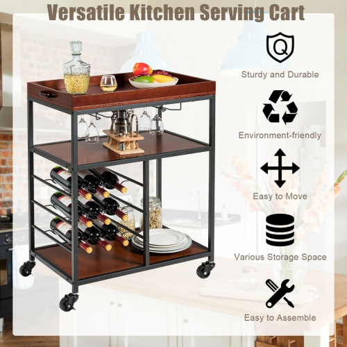 Gymax 3 Tier Storage Kitchen Trolley Utility Bar Serving Cart w/Wine Rack & Glass Holder