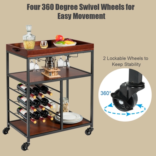 Gymax 3 Tier Storage Kitchen Trolley Utility Bar Serving Cart w/Wine Rack & Glass Holder