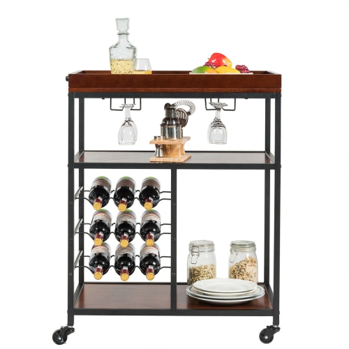 Gymax 3 Tier Storage Kitchen Trolley Utility Bar Serving Cart w/Wine Rack & Glass Holder
