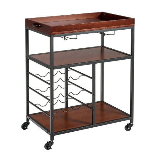 Gymax 3 Tier Storage Kitchen Trolley Utility Bar Serving Cart w/Wine Rack & Glass Holder