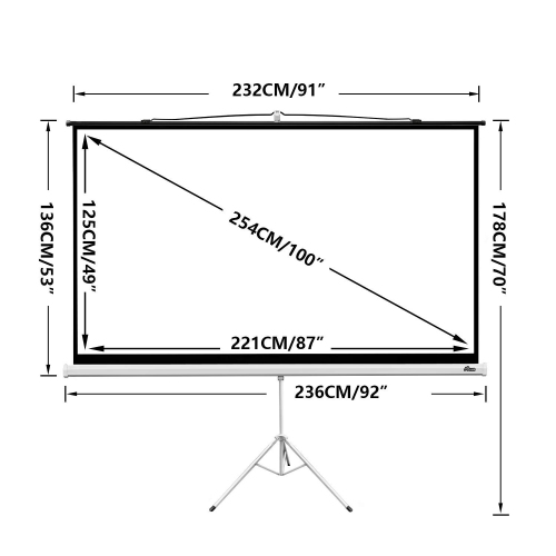 Projection Screen 100" 16:9 with Tripod Stand Height Adjustable Portable Projection Screen Foldable Stand