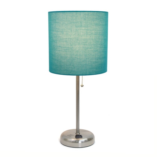 LimeLights Silver Metal Stick Lamp w/ Power Outlet with Teal Shade