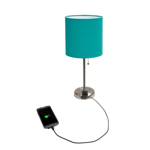 LimeLights Silver Metal Stick Lamp w/ Power Outlet with Teal Shade
