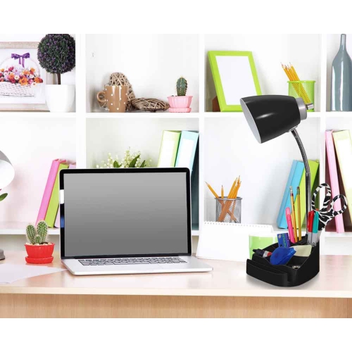 Gooseneck Organizer Desk Lamp with iPad Tablet Stand Book Holder and Charging Outlet - Black