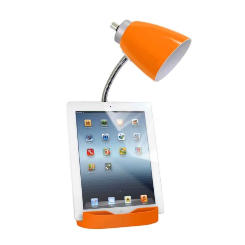 Gooseneck Organizer Desk Lamp with iPad Tablet Stand Book Holder and Charging Outlet, Orange