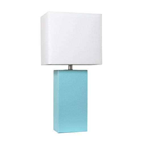 Modern Leather Table Lamp with White Fabric Shade, Aqua