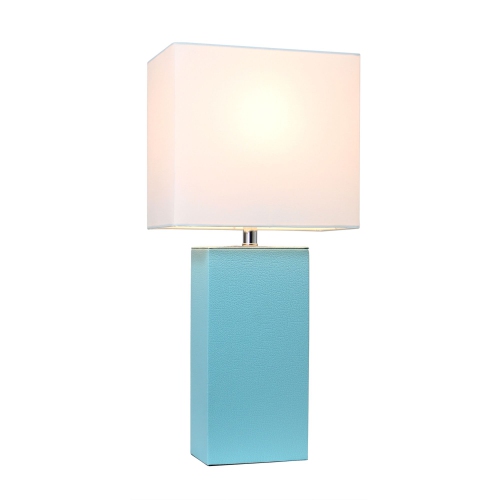 Modern Leather Table Lamp with White Fabric Shade, Aqua